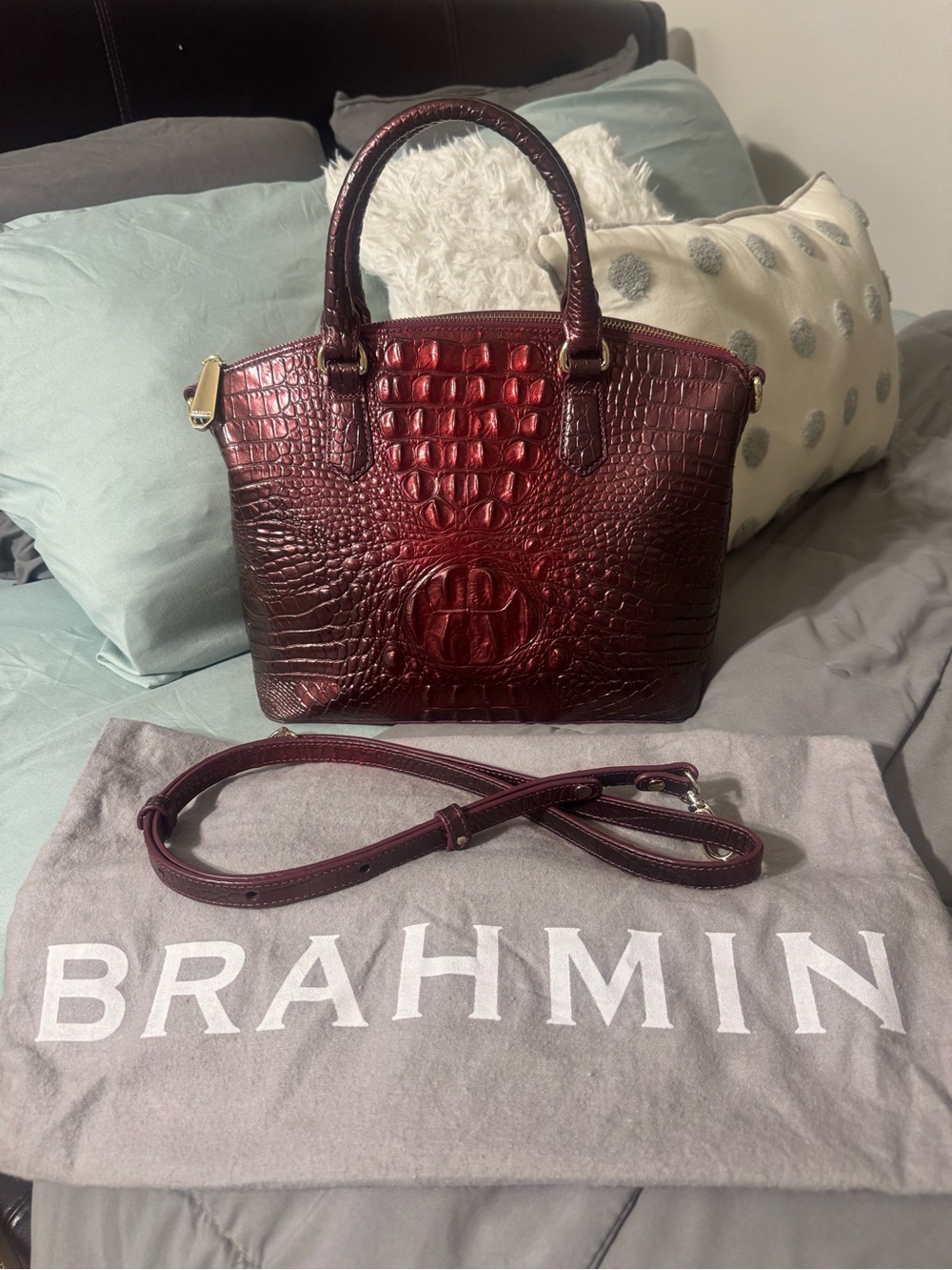 Brahmin Duxbury Deep Burgundy Croc-Embossed Leather Satchel with Strap & Dustbag